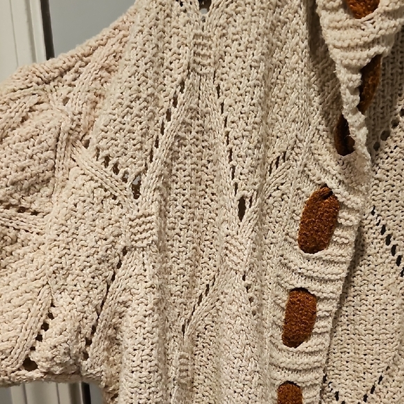 Vintage 80s Crochet Cardigan Long Cream Brown Knit Bohemian Large Retro Patches - Picture 6 of 12